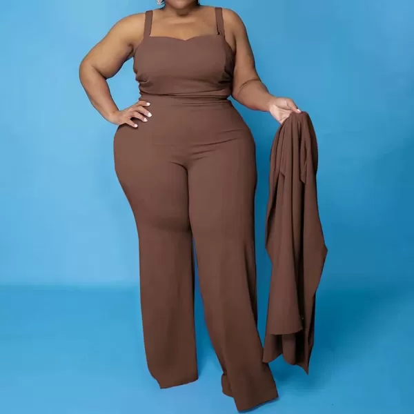 IyMoo Womens Plus Size 3 Piece Sets Outfit Tracksuit Crop Top Blazer Jacket and Wide Leg Long Pants Jumpsuit Romper SuitsBrown