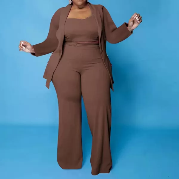 IyMoo Womens Plus Size 3 Piece Sets Outfit Tracksuit Crop Top Blazer Jacket and Wide Leg Long Pants Jumpsuit Romper SuitsBrown