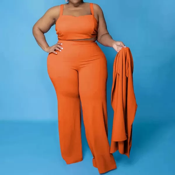IyMoo Womens Plus Size 3 Piece Sets Outfit Tracksuit Crop Top Blazer Jacket and Wide Leg Long Pants Jumpsuit Romper SuitsOrange