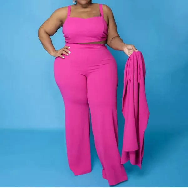 IyMoo Womens Plus Size 3 Piece Sets Outfit Tracksuit Crop Top Blazer Jacket and Wide Leg Long Pants Jumpsuit Romper SuitsPink