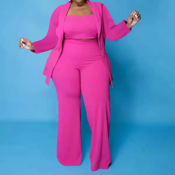 IyMoo Womens Plus Size 3 Piece Sets Outfit Tracksuit Crop Top Blazer Jacket and Wide Leg Long Pants Jumpsuit Romper SuitsPink