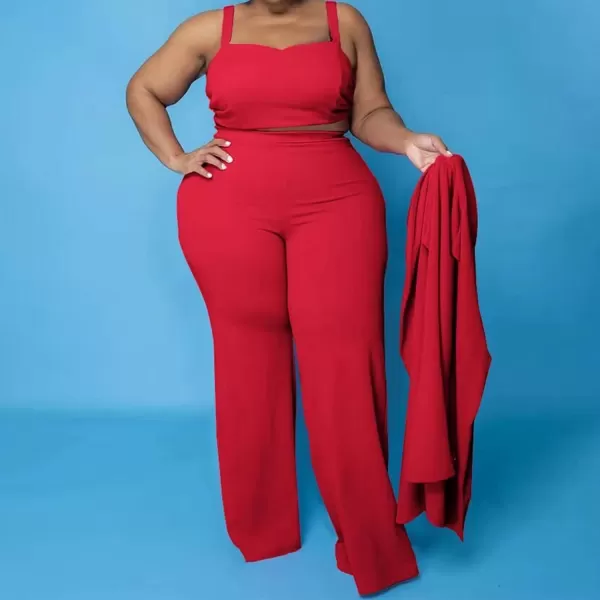 IyMoo Womens Plus Size 3 Piece Sets Outfit Tracksuit Crop Top Blazer Jacket and Wide Leg Long Pants Jumpsuit Romper SuitsRed