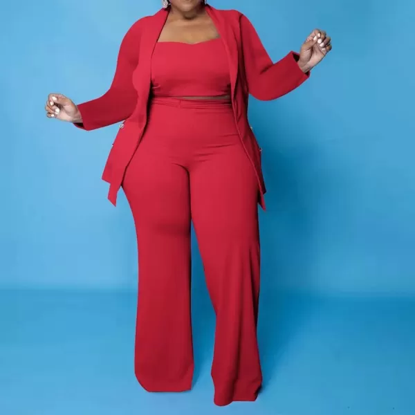 IyMoo Womens Plus Size 3 Piece Sets Outfit Tracksuit Crop Top Blazer Jacket and Wide Leg Long Pants Jumpsuit Romper SuitsRed