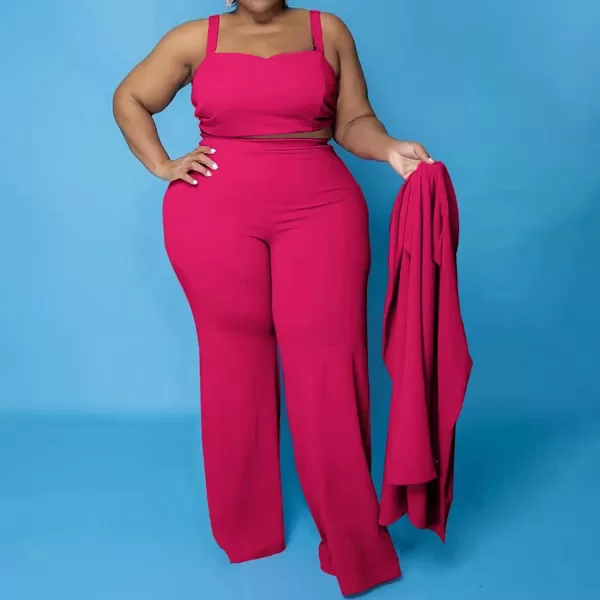 IyMoo Womens Plus Size 3 Piece Sets Outfit Tracksuit Crop Top Blazer Jacket and Wide Leg Long Pants Jumpsuit Romper SuitsRose Red