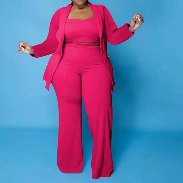 IyMoo Womens Plus Size 3 Piece Sets Outfit Tracksuit Crop Top Blazer Jacket and Wide Leg Long Pants Jumpsuit Romper SuitsRose Red