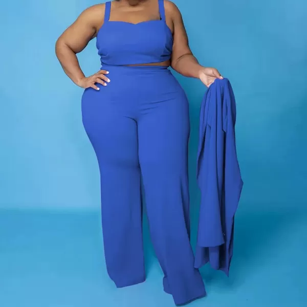 IyMoo Womens Plus Size 3 Piece Sets Outfit Tracksuit Crop Top Blazer Jacket and Wide Leg Long Pants Jumpsuit Romper SuitsRoyal Blue