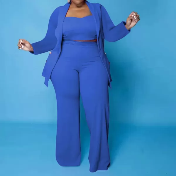 IyMoo Womens Plus Size 3 Piece Sets Outfit Tracksuit Crop Top Blazer Jacket and Wide Leg Long Pants Jumpsuit Romper SuitsRoyal Blue