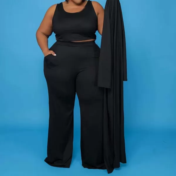 IyMoo Womens Plus Size Cardigan Tank Crop Top and Wide Leg Long Pants Jumpsuit Romper Set 3 Piece Sets OutfitBlack