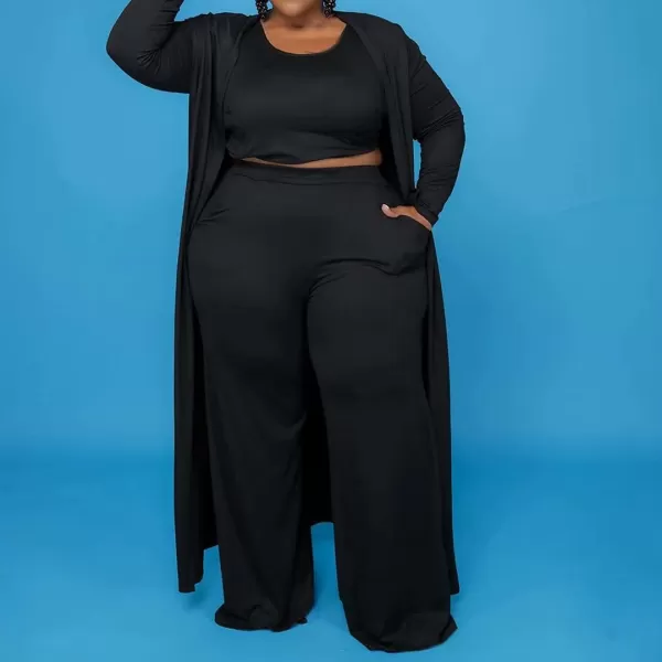 IyMoo Womens Plus Size Cardigan Tank Crop Top and Wide Leg Long Pants Jumpsuit Romper Set 3 Piece Sets OutfitBlack