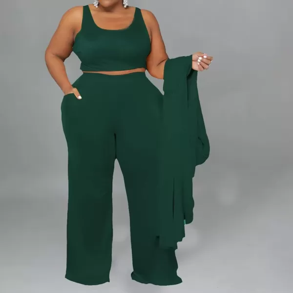 IyMoo Womens Plus Size Cardigan Tank Crop Top and Wide Leg Long Pants Jumpsuit Romper Set 3 Piece Sets OutfitGreen