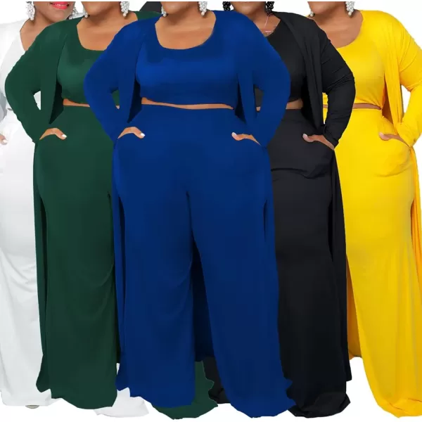 IyMoo Womens Plus Size Cardigan Tank Crop Top and Wide Leg Long Pants Jumpsuit Romper Set 3 Piece Sets OutfitGreen