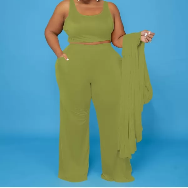 IyMoo Womens Plus Size Cardigan Tank Crop Top and Wide Leg Long Pants Jumpsuit Romper Set 3 Piece Sets OutfitLight Green