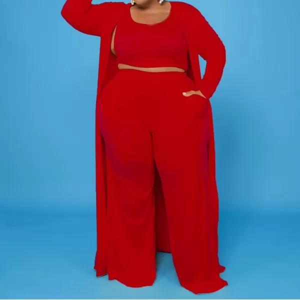 IyMoo Womens Plus Size Cardigan Tank Crop Top and Wide Leg Long Pants Jumpsuit Romper Set 3 Piece Sets OutfitRed