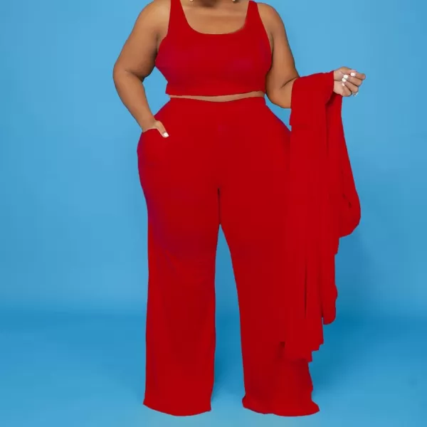 IyMoo Womens Plus Size Cardigan Tank Crop Top and Wide Leg Long Pants Jumpsuit Romper Set 3 Piece Sets OutfitRed