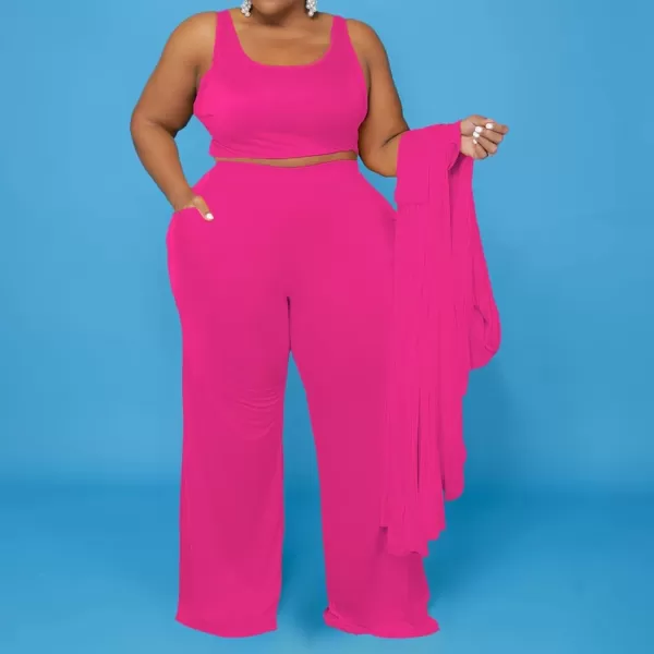 IyMoo Womens Plus Size Cardigan Tank Crop Top and Wide Leg Long Pants Jumpsuit Romper Set 3 Piece Sets OutfitRose Red