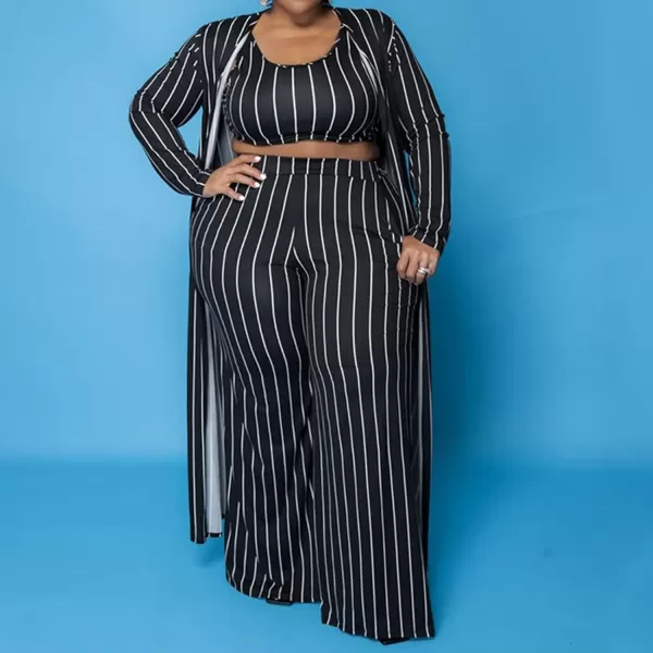 IyMoo Womens Plus Size Cardigan Tank Crop Top and Wide Leg Long Pants Jumpsuit Romper Set 3 Piece Sets OutfitStripe Black