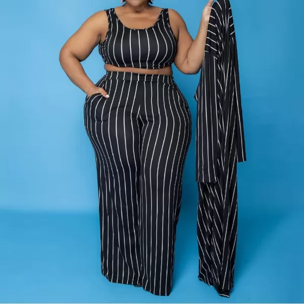 IyMoo Womens Plus Size Cardigan Tank Crop Top and Wide Leg Long Pants Jumpsuit Romper Set 3 Piece Sets OutfitStripe Black