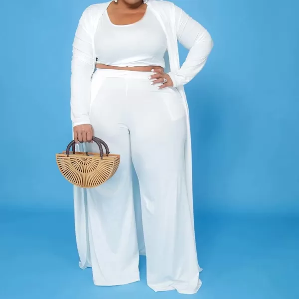 IyMoo Womens Plus Size Cardigan Tank Crop Top and Wide Leg Long Pants Jumpsuit Romper Set 3 Piece Sets OutfitWhite