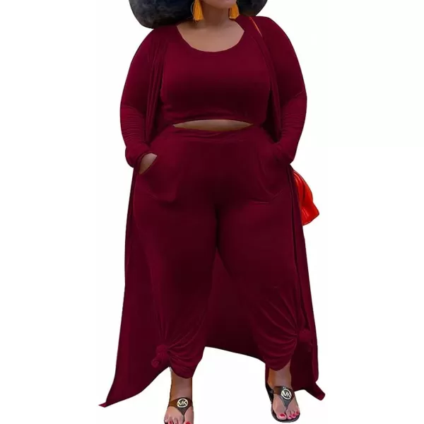 IyMoo Womens Plus Size Cardigan Tank Crop Top and Wide Leg Long Pants Jumpsuit Romper Set 3 Piece Sets OutfitWine Red