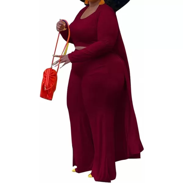 IyMoo Womens Plus Size Cardigan Tank Crop Top and Wide Leg Long Pants Jumpsuit Romper Set 3 Piece Sets OutfitWine Red
