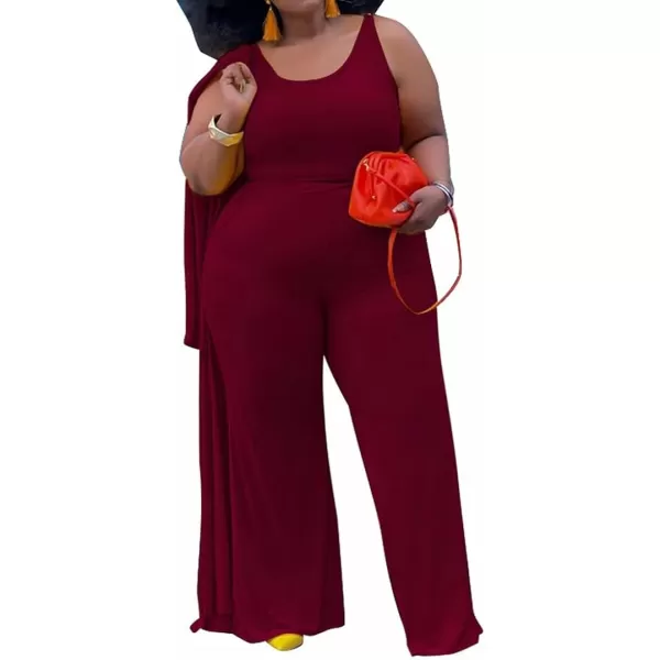 IyMoo Womens Plus Size Cardigan Tank Crop Top and Wide Leg Long Pants Jumpsuit Romper Set 3 Piece Sets OutfitWine Red