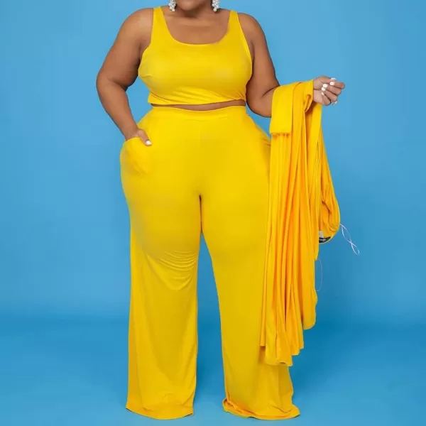 IyMoo Womens Plus Size Cardigan Tank Crop Top and Wide Leg Long Pants Jumpsuit Romper Set 3 Piece Sets OutfitYellow
