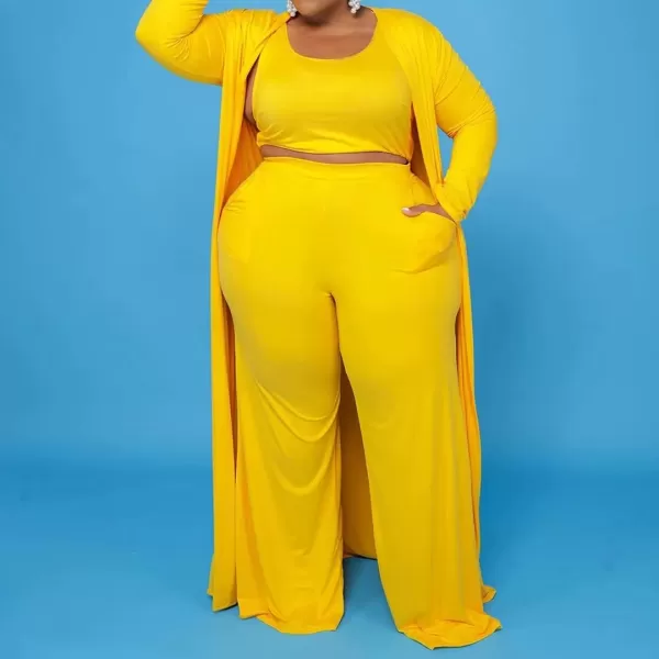 IyMoo Womens Plus Size Cardigan Tank Crop Top and Wide Leg Long Pants Jumpsuit Romper Set 3 Piece Sets OutfitYellow