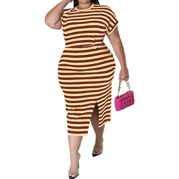 IyMoo Womens Plus Size Casual Cold Shoulder Cold Shoulder Short Sleeve Party Bodycon Sheath Ruched Dress with PocketsCaramel