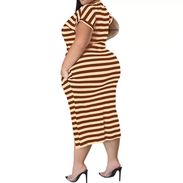 IyMoo Womens Plus Size Casual Cold Shoulder Cold Shoulder Short Sleeve Party Bodycon Sheath Ruched Dress with PocketsCaramel