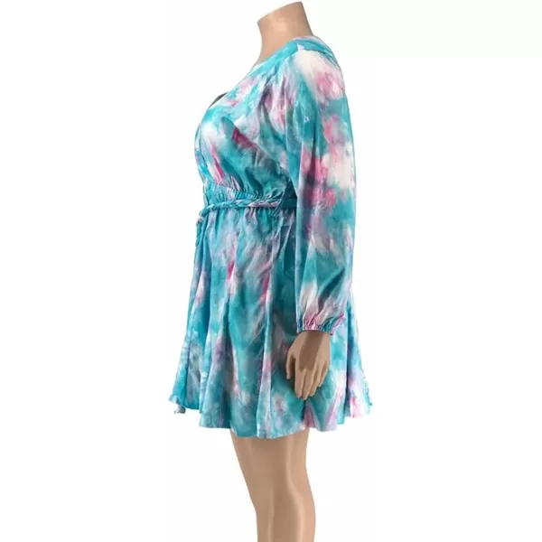 IyMoo Womens Plus Size Cute Shift Dress Belted Ruffle Wrap V Neck Swing Tunic Mini DressPink Blue