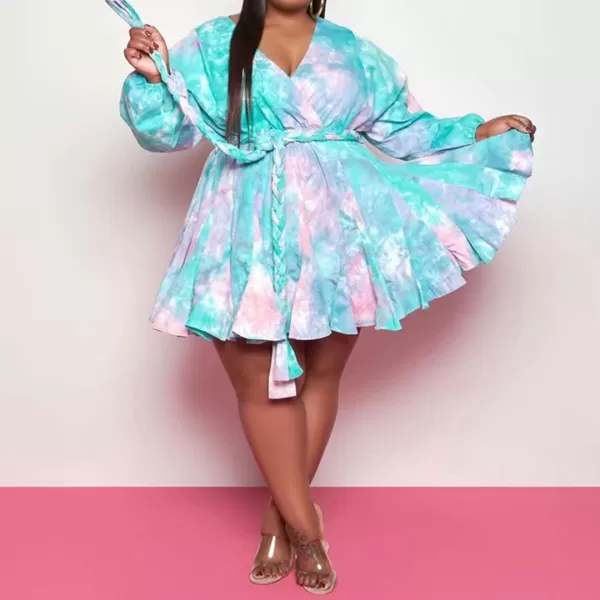 IyMoo Womens Plus Size Cute Shift Dress Belted Ruffle Wrap V Neck Swing Tunic Mini DressPink Blue