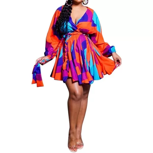 IyMoo Womens Plus Size Cute Shift Dress Belted Ruffle Wrap V Neck Swing Tunic Mini DressRed