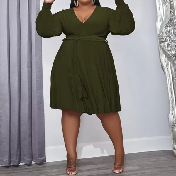 IyMoo Womens Plus Size Cute Shift Dress Belted Ruffle Wrap V Neck Swing Tunic Mini DressSolid Army Green