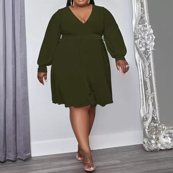 IyMoo Womens Plus Size Cute Shift Dress Belted Ruffle Wrap V Neck Swing Tunic Mini DressSolid Army Green