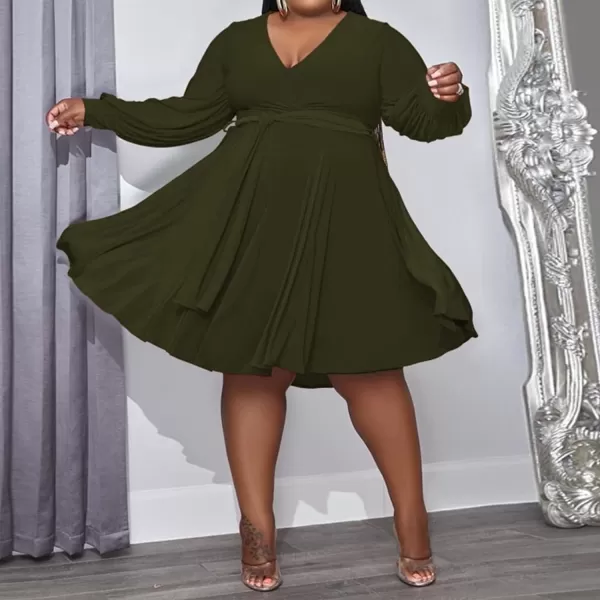 IyMoo Womens Plus Size Cute Shift Dress Belted Ruffle Wrap V Neck Swing Tunic Mini DressSolid Army Green