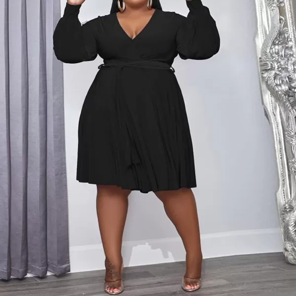IyMoo Womens Plus Size Cute Shift Dress Belted Ruffle Wrap V Neck Swing Tunic Mini DressSolid Black