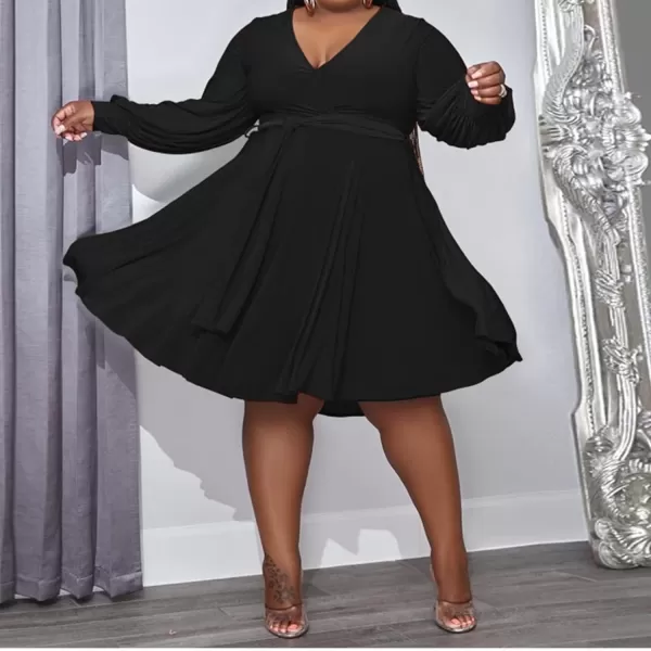 IyMoo Womens Plus Size Cute Shift Dress Belted Ruffle Wrap V Neck Swing Tunic Mini DressSolid Black