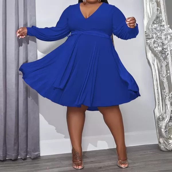 IyMoo Womens Plus Size Cute Shift Dress Belted Ruffle Wrap V Neck Swing Tunic Mini DressSolid Color Blue