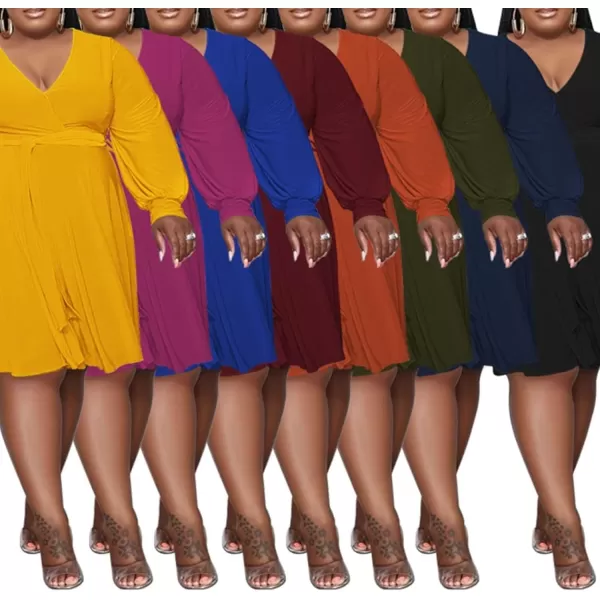 IyMoo Womens Plus Size Cute Shift Dress Belted Ruffle Wrap V Neck Swing Tunic Mini DressSolid Color Blue