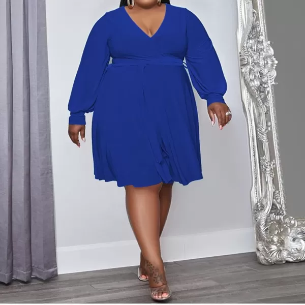IyMoo Womens Plus Size Cute Shift Dress Belted Ruffle Wrap V Neck Swing Tunic Mini DressSolid Color Blue