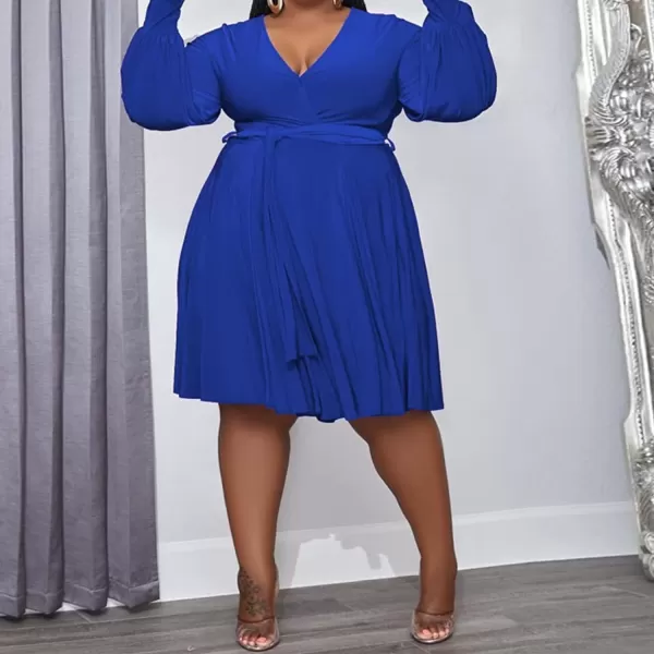 IyMoo Womens Plus Size Cute Shift Dress Belted Ruffle Wrap V Neck Swing Tunic Mini DressSolid Color Blue