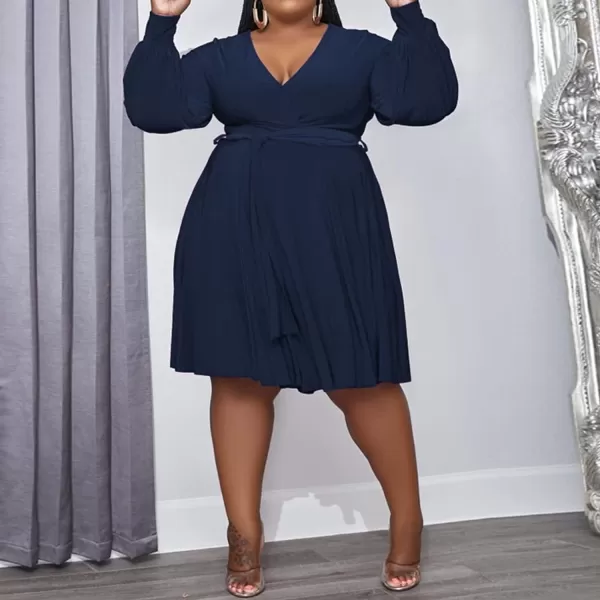 IyMoo Womens Plus Size Cute Shift Dress Belted Ruffle Wrap V Neck Swing Tunic Mini DressSolid Navy Blue
