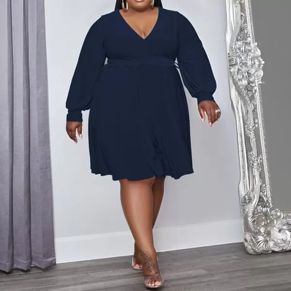 IyMoo Womens Plus Size Cute Shift Dress Belted Ruffle Wrap V Neck Swing Tunic Mini DressSolid Navy Blue