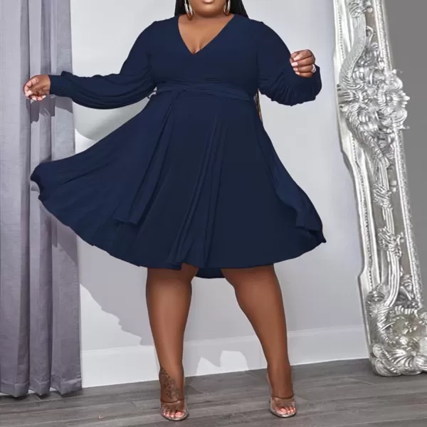 IyMoo Womens Plus Size Cute Shift Dress Belted Ruffle Wrap V Neck Swing Tunic Mini DressSolid Navy Blue