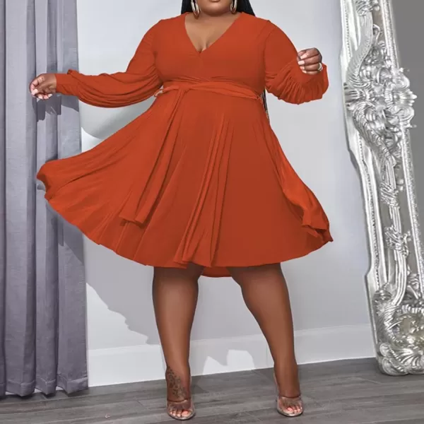 IyMoo Womens Plus Size Cute Shift Dress Belted Ruffle Wrap V Neck Swing Tunic Mini DressSolid Orange