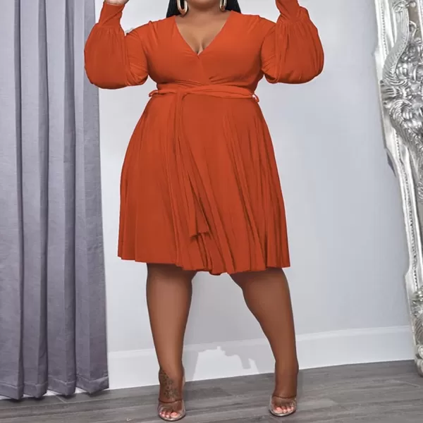 IyMoo Womens Plus Size Cute Shift Dress Belted Ruffle Wrap V Neck Swing Tunic Mini DressSolid Orange