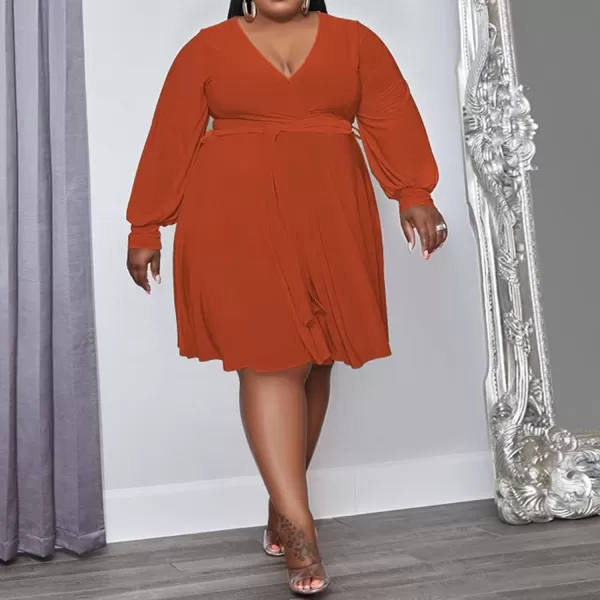 IyMoo Womens Plus Size Cute Shift Dress Belted Ruffle Wrap V Neck Swing Tunic Mini DressSolid Orange