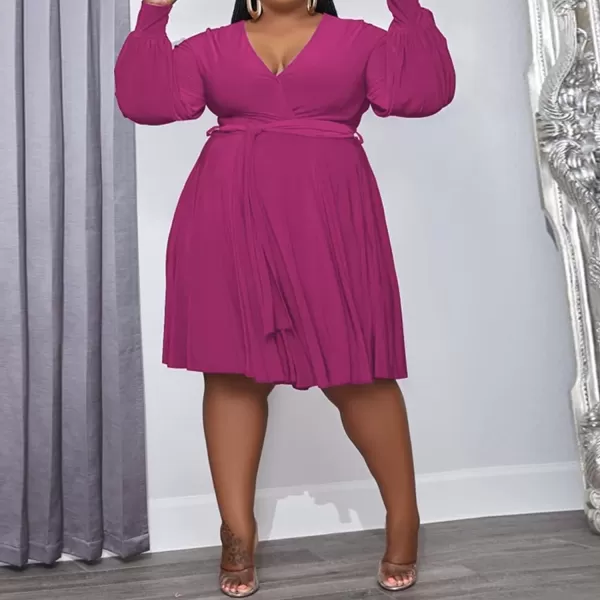 IyMoo Womens Plus Size Cute Shift Dress Belted Ruffle Wrap V Neck Swing Tunic Mini DressSolid Rose Red