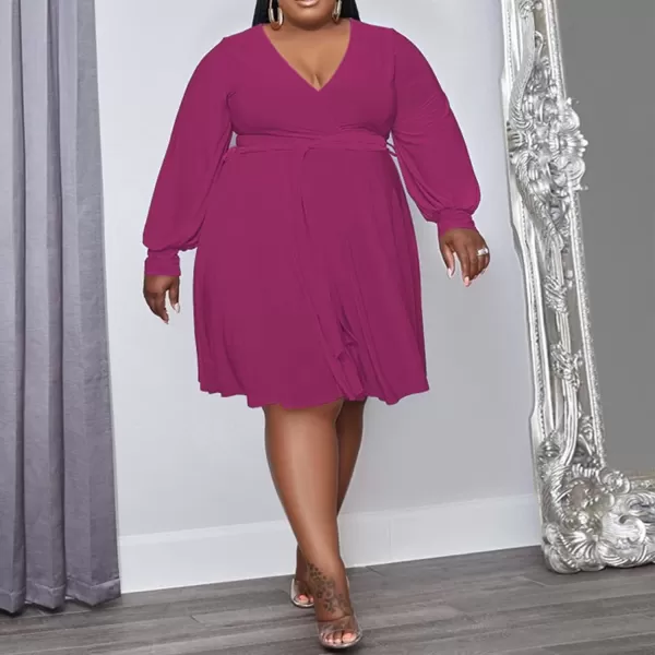 IyMoo Womens Plus Size Cute Shift Dress Belted Ruffle Wrap V Neck Swing Tunic Mini DressSolid Rose Red