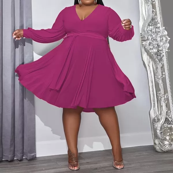 IyMoo Womens Plus Size Cute Shift Dress Belted Ruffle Wrap V Neck Swing Tunic Mini DressSolid Rose Red